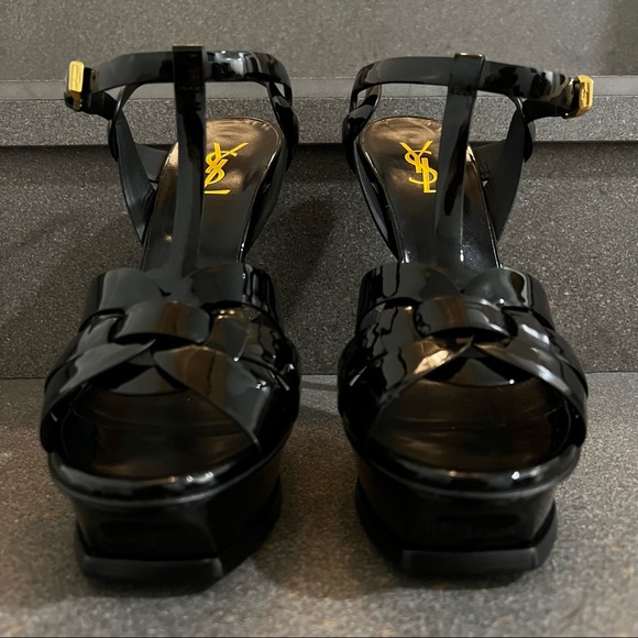 SAINT LAURENT Tribute Platform Sandals 105mm, Black Patent Leather,Sz 41EU(11US) - Picture 8 of 17